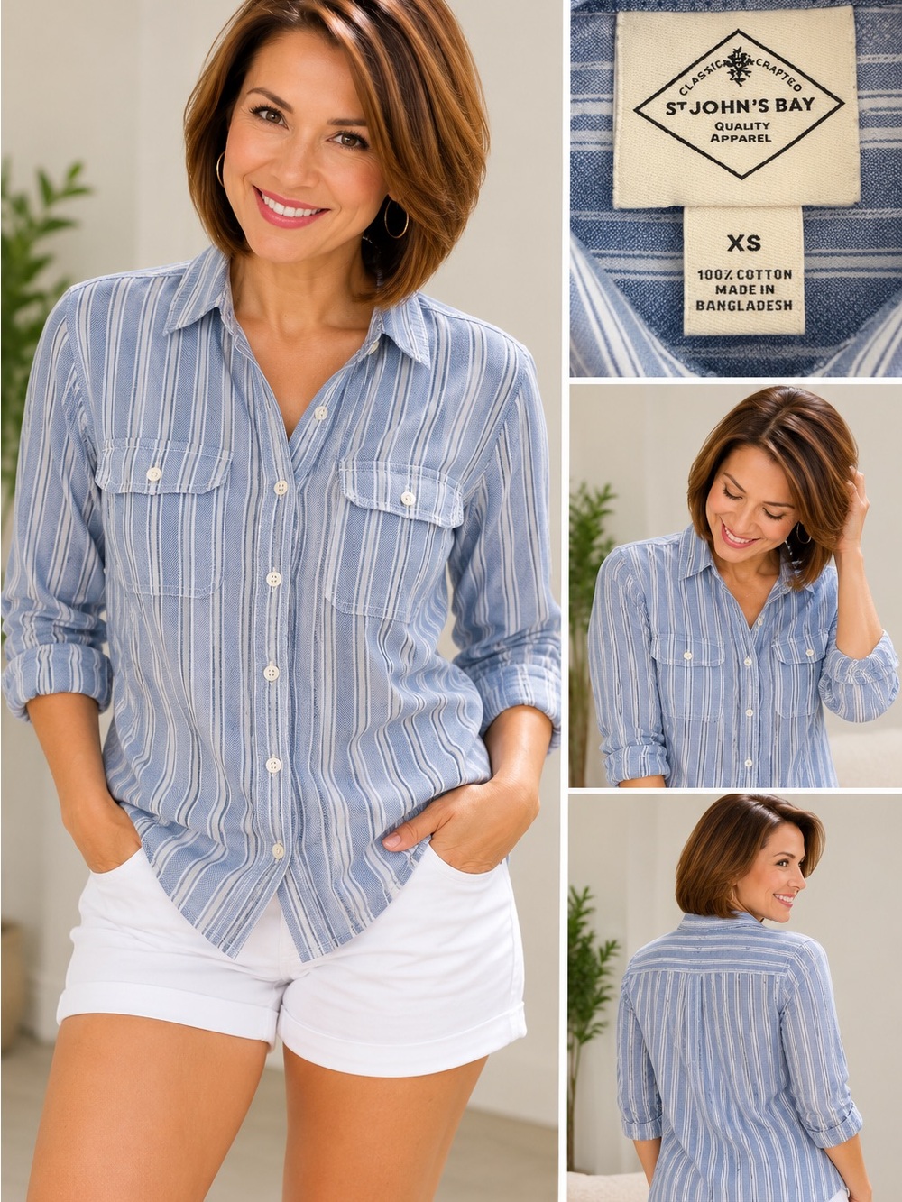 St. John's Bay Blue and White Striped Button-Down Shirt - Women's